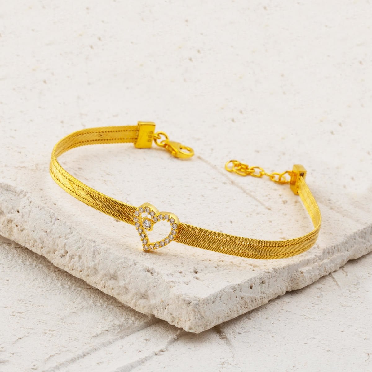 14K Yellow Gold 3 Row Heart Trabzon Mesh Cubic Zirconia Bracelet