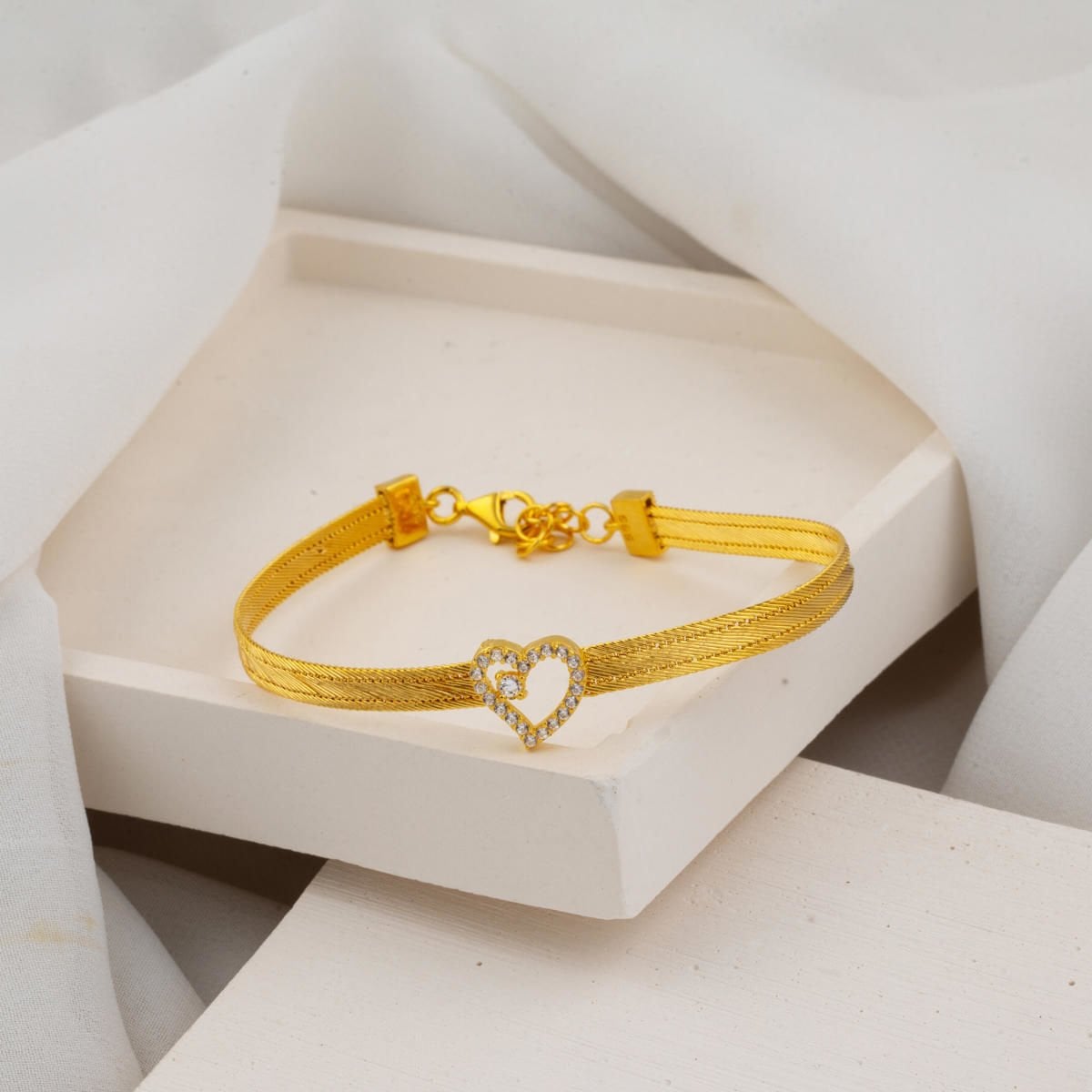 14K Yellow Gold 3 Row Heart Trabzon Mesh Cubic Zirconia Bracelet