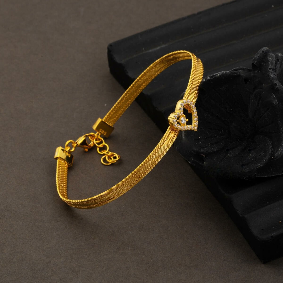 14K Yellow Gold 3 Row Heart Trabzon Mesh Cubic Zirconia Bracelet