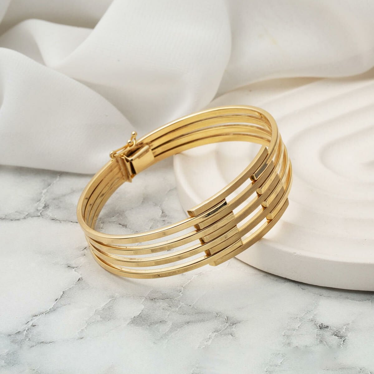 14K Yellow Gold 5 Row Ribbed Hinged Cuff Bangle