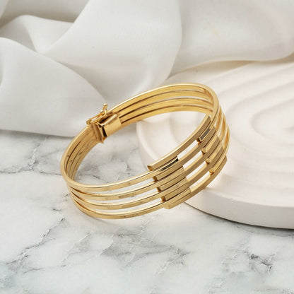 14K Yellow Gold 5 Row Ribbed Hinged Cuff Bangle