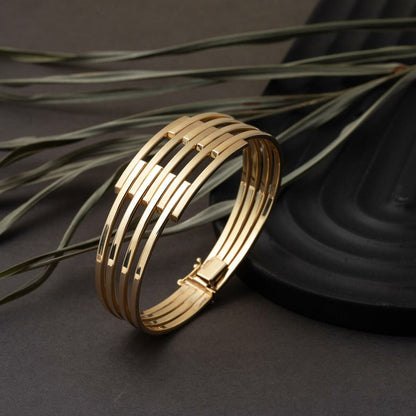 14K Yellow Gold 5 Row Ribbed Hinged Cuff Bangle