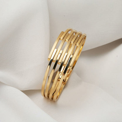 14K Yellow Gold 5 Row Ribbed Hinged Cuff Bangle