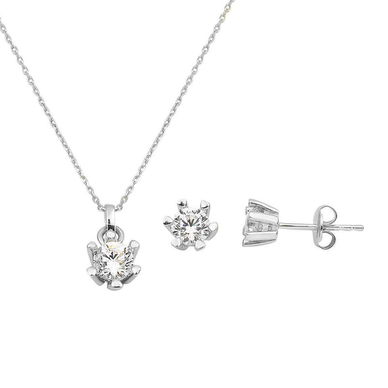 14K White Gold Six Prong Solitaire Cubic Zirconia Necklace and Earrings Set