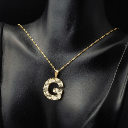 14K Yellow Gold 3 Dimensional Engraved G Initial Necklace