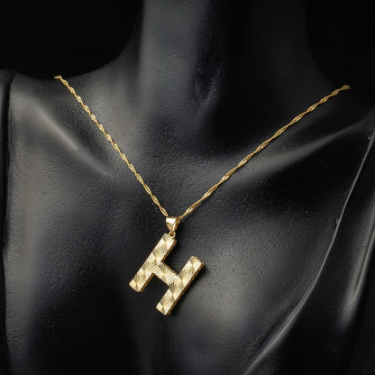 14K Yellow Gold 3 Dimensional Engraved H Initial Necklace