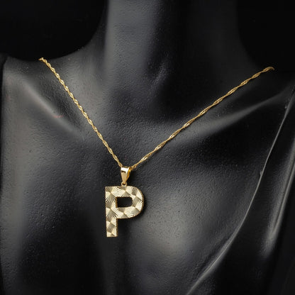 14K Yellow Gold 3 Dimensional Engraved P Initial Necklace