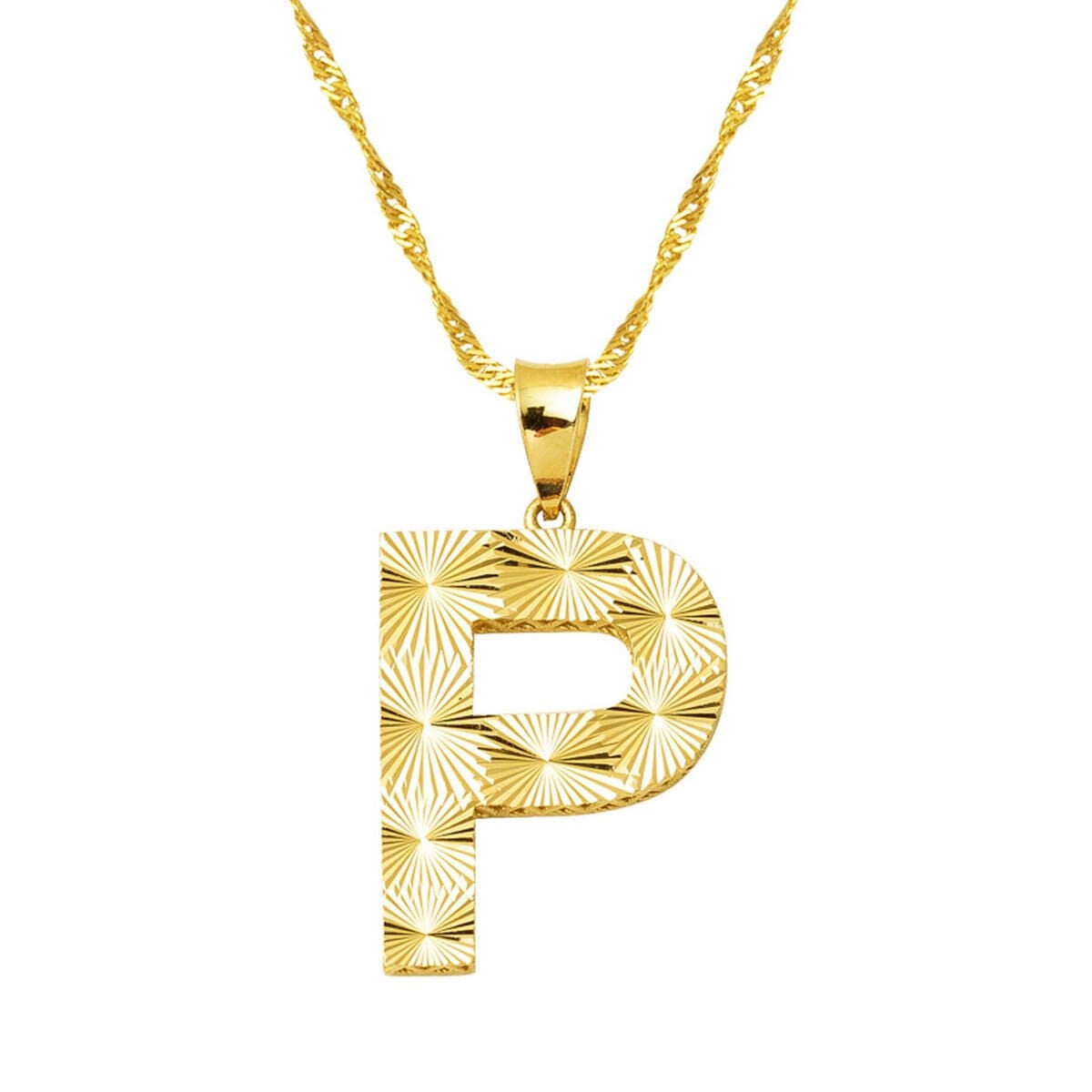 14K Yellow Gold 3 Dimensional Engraved P Initial Necklace