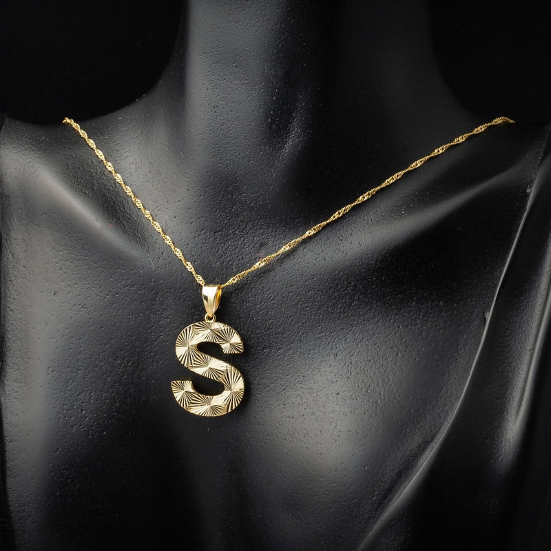 14K Yellow Gold 3 Dimensional Engraved Initial S Necklace