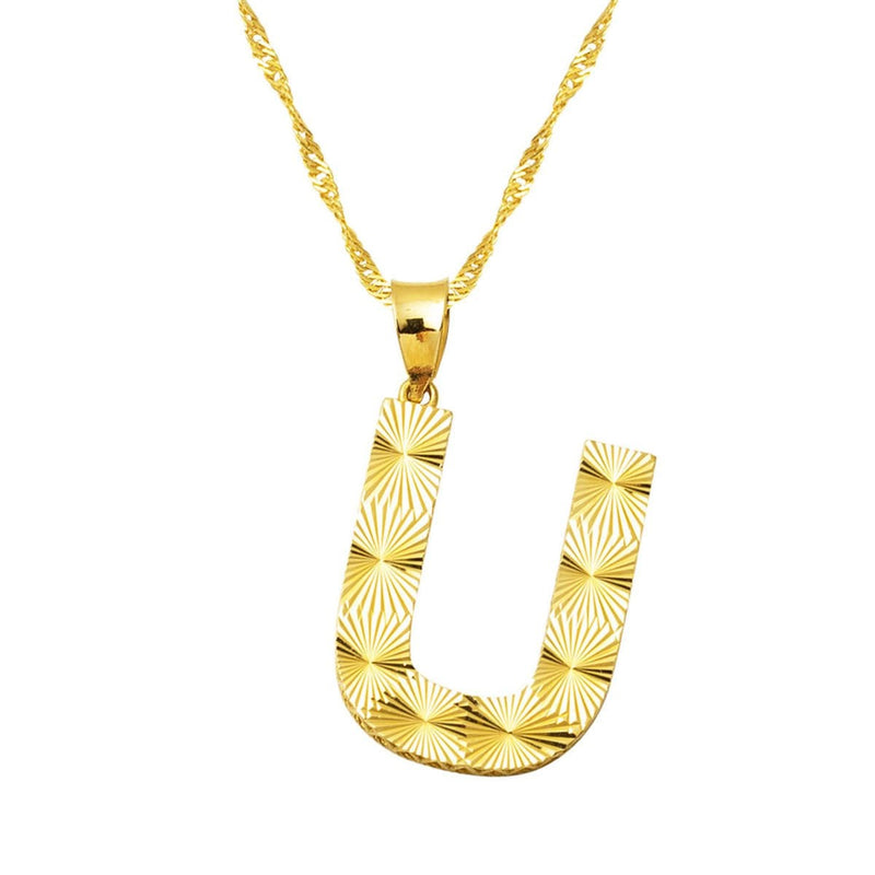 14K Yellow Gold 3 Dimensional Engraved U Initial Necklace