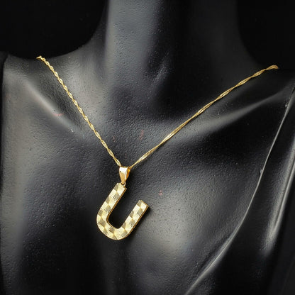 14K Yellow Gold 3 Dimensional Engraved U Initial Necklace