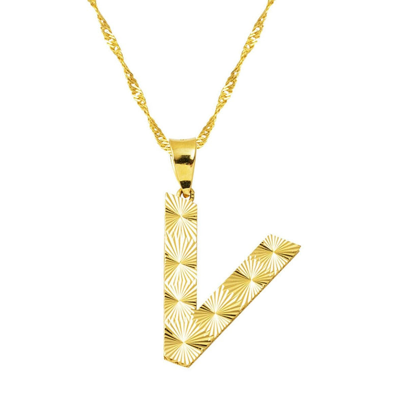 14K Yellow Gold 3 Dimensional Engraved V Initial Necklace