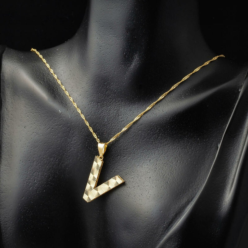 14K Yellow Gold 3 Dimensional Engraved V Initial Necklace