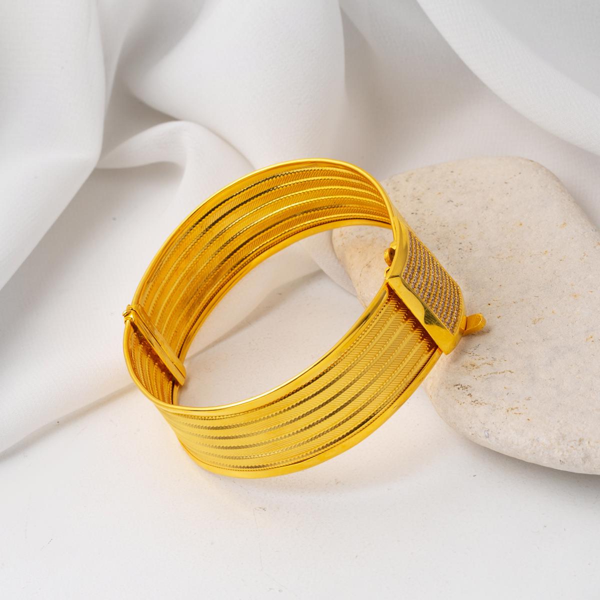 14K Yellow Gold 5 Row Mesh Hinged Cuff Cubic Zirconia Bangle