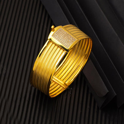14K Yellow Gold 5 Row Mesh Hinged Cuff Cubic Zirconia Bangle