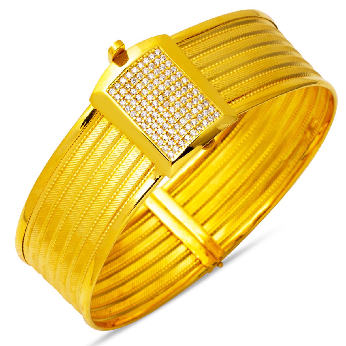14K Yellow Gold 5 Row Mesh Hinged Cuff Cubic Zirconia Bangle