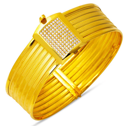 14K Yellow Gold 5 Row Mesh Hinged Cuff Cubic Zirconia Bangle