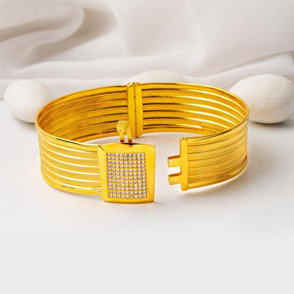 14K Yellow Gold 5 Row Mesh Hinged Cuff Cubic Zirconia Bangle