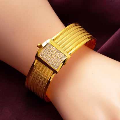 14K Yellow Gold 5 Row Mesh Hinged Cuff Cubic Zirconia Bangle