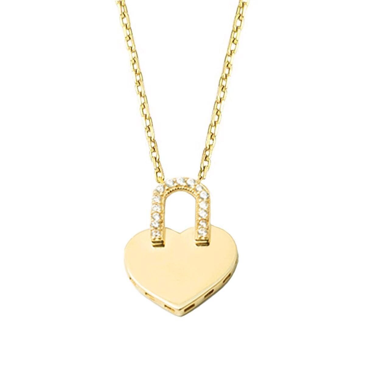 14K Yellow Gold Lock Cubic Zirconia Necklace