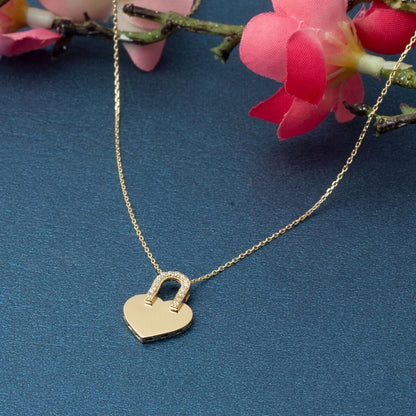 14K Yellow Gold Lock Cubic Zirconia Necklace