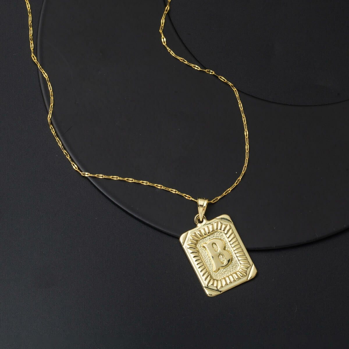 14K Yellow Gold B Initial Square Plate Necklace