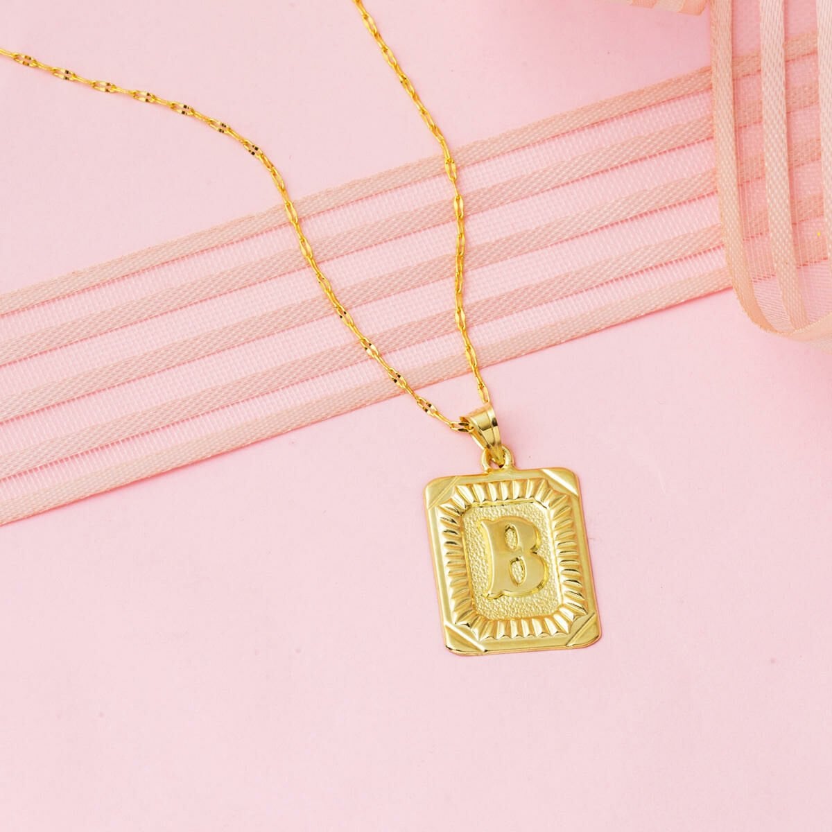 14K Yellow Gold B Initial Square Plate Necklace