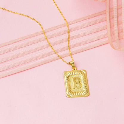 14K Yellow Gold B Initial Square Plate Necklace