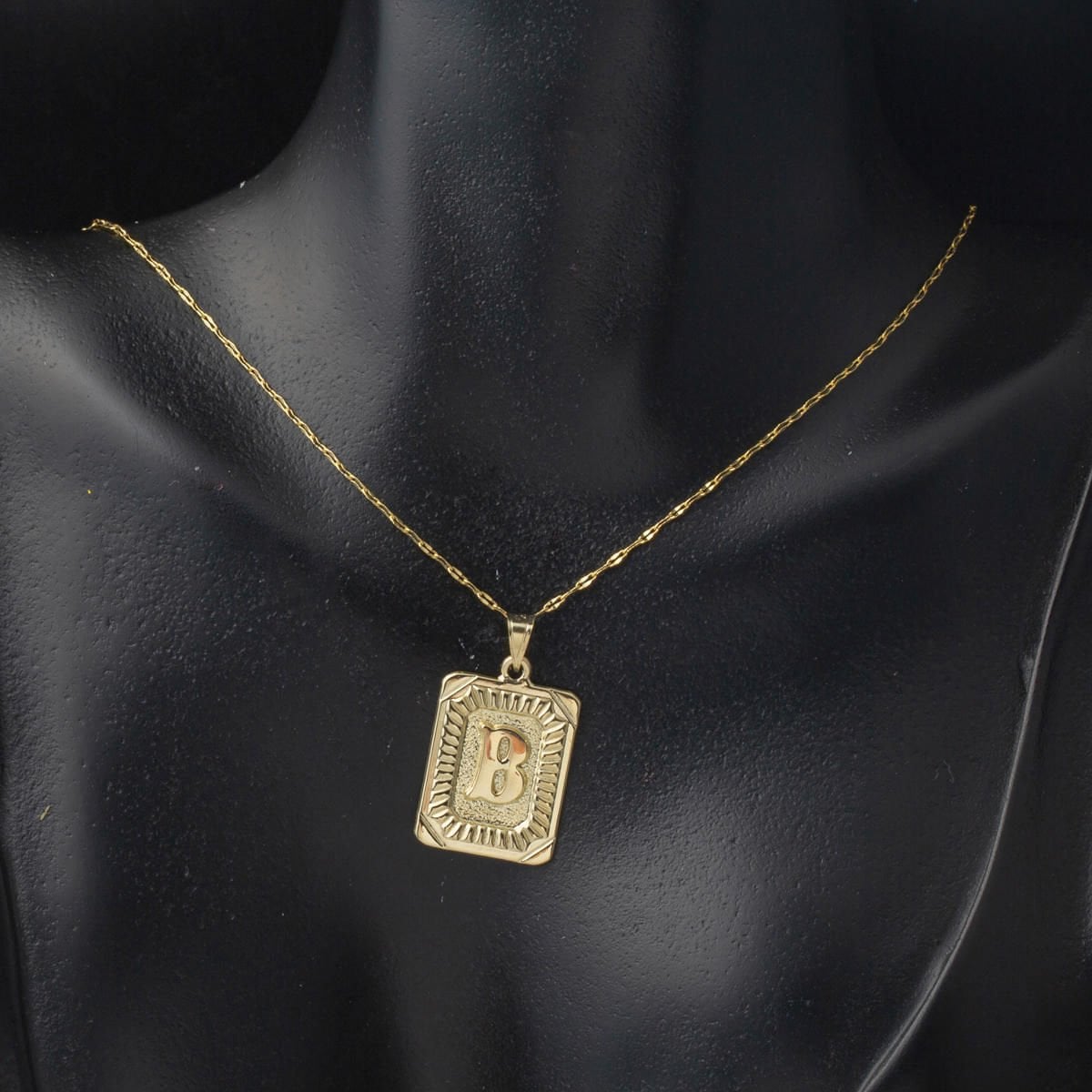 14K Yellow Gold B Initial Square Plate Necklace