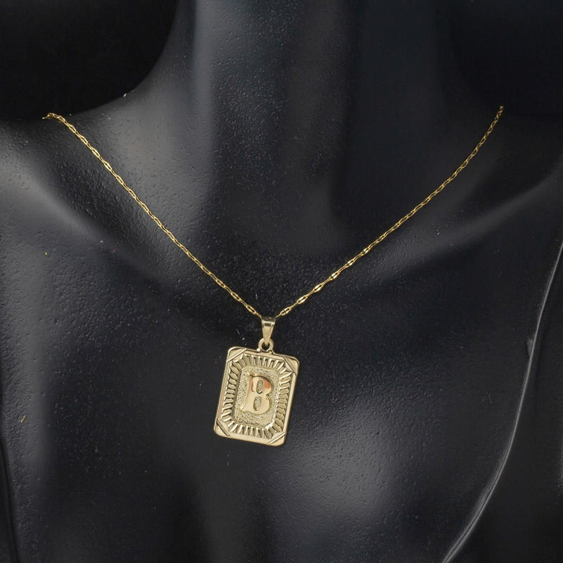 14K Yellow Gold B Initial Square Plate Necklace