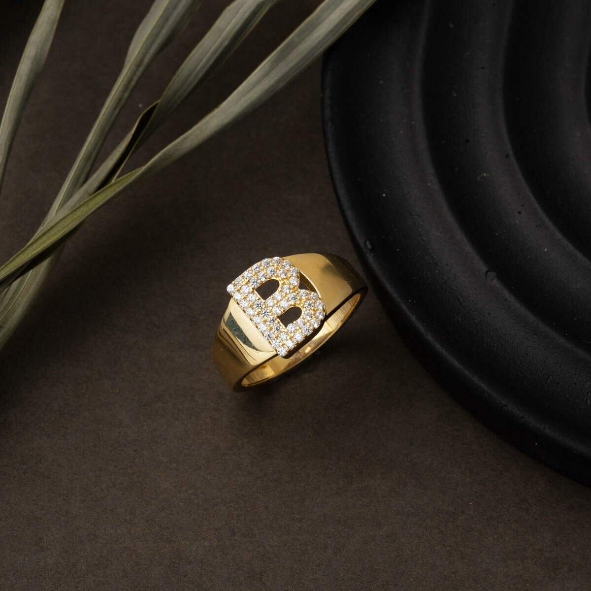 14K Yellow Gold Initial B Cubic Zirconia Ring