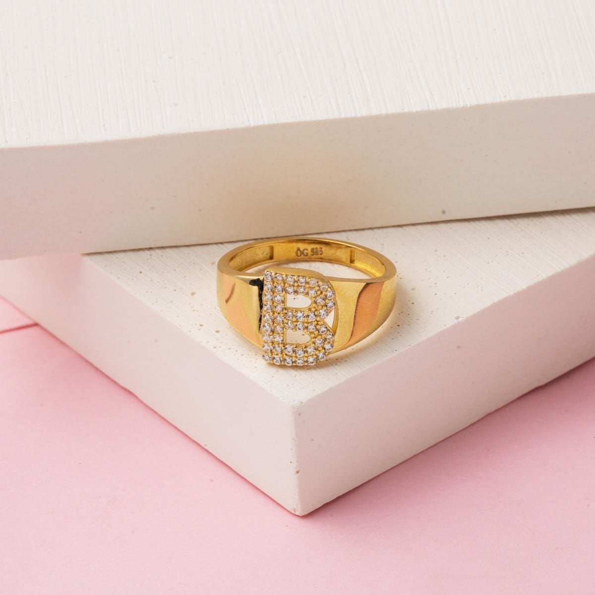 14K Yellow Gold Initial B Cubic Zirconia Ring
