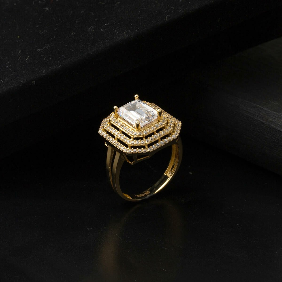 14K Yellow Gold Large Baguette Cubic Zirconia Ring