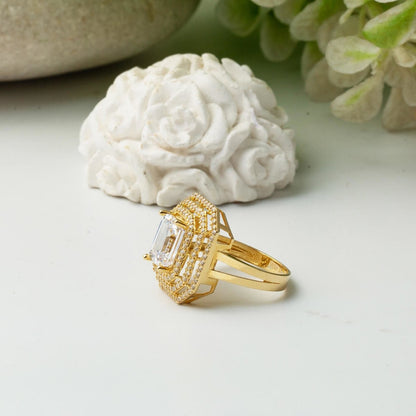 14K Yellow Gold Large Baguette Cubic Zirconia Ring