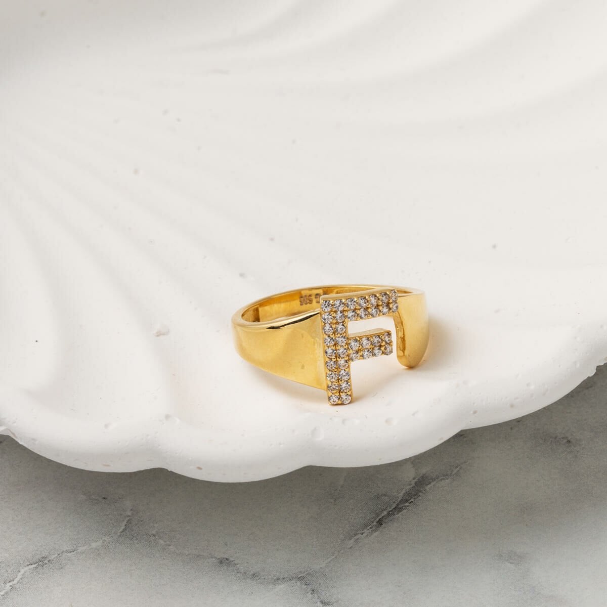 14K Yellow Gold Initial F Cubic Zirconia Ring