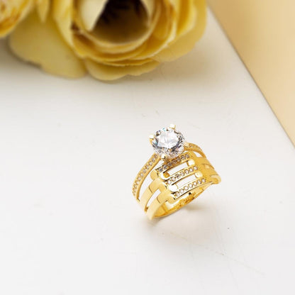 14K Yellow Gold Ribbed Solitaire Cubic Zirconia Ring