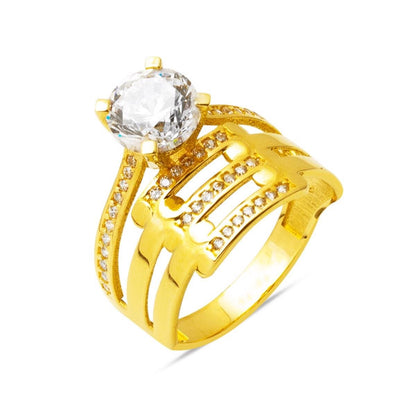14K Yellow Gold Ribbed Solitaire Cubic Zirconia Ring