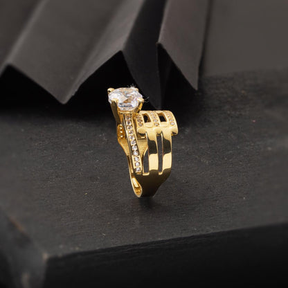 14K Yellow Gold Ribbed Solitaire Cubic Zirconia Ring