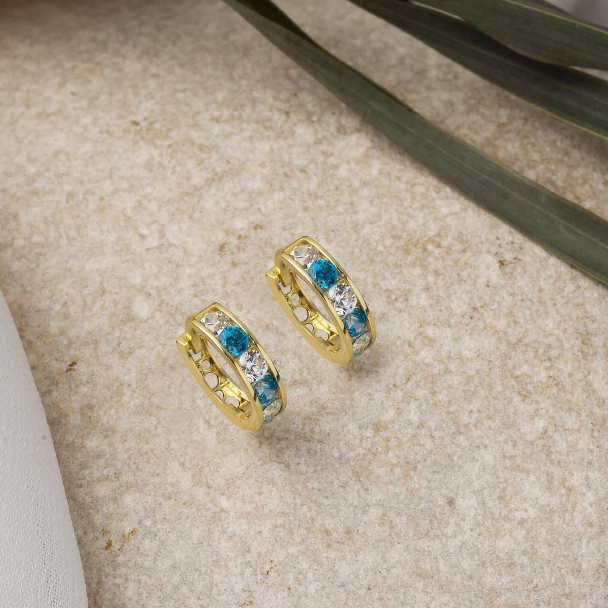 14K Yellow Gold Blue Cubic Zirconia Baby Girl's Earrings