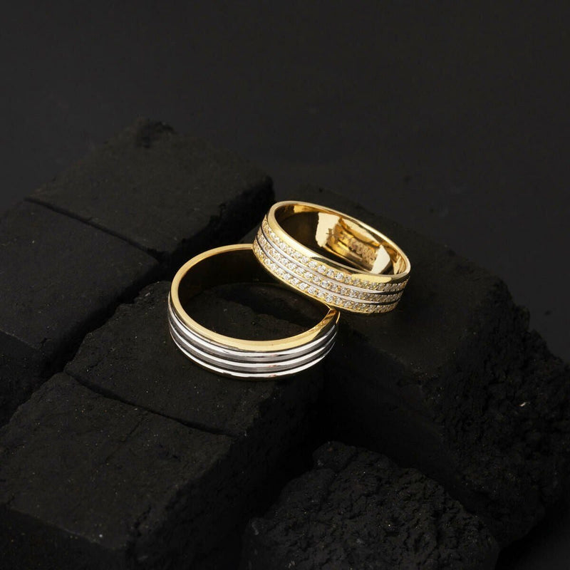 14K Yellow Gold Modern Double Wedding Band Cubic Zirconia Ring Set