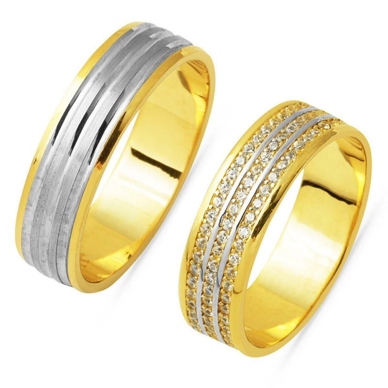 14K Yellow Gold Modern Double Wedding Band Cubic Zirconia Ring Set