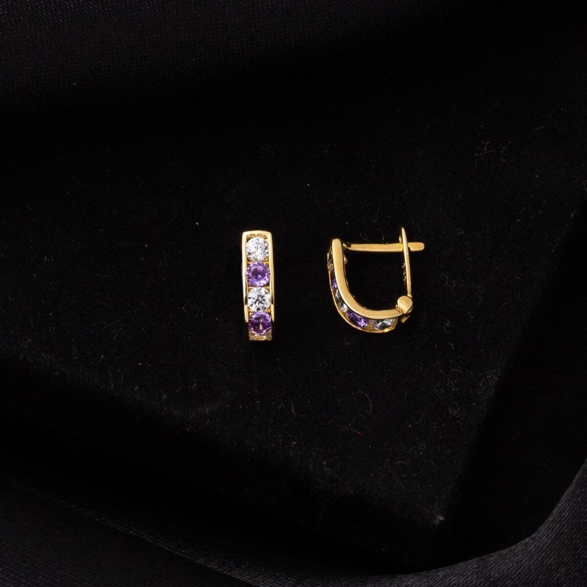 14K Yellow Gold Purple Children's Cubic Zirconia Earrings