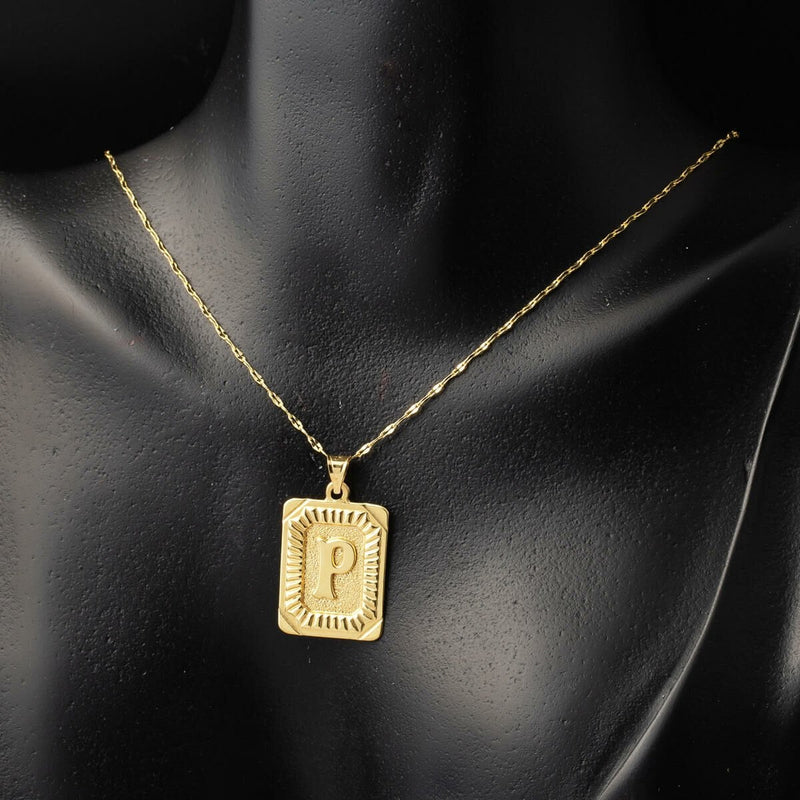 14K Yellow Gold Initial P Square Plate Necklace