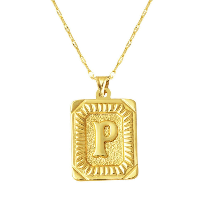 14K Yellow Gold Initial P Square Plate Necklace