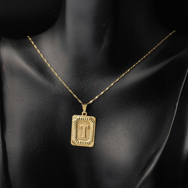 14K Yellow Gold Initial T Square Plate Necklace