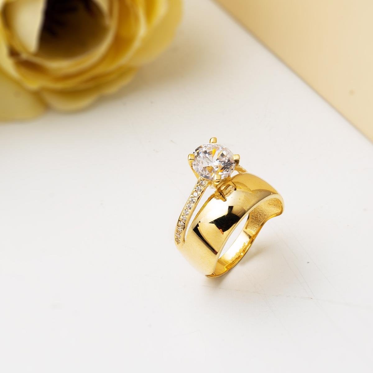 14K Yellow Gold Solitaire Wedding Band Cubic Zirconia Ring