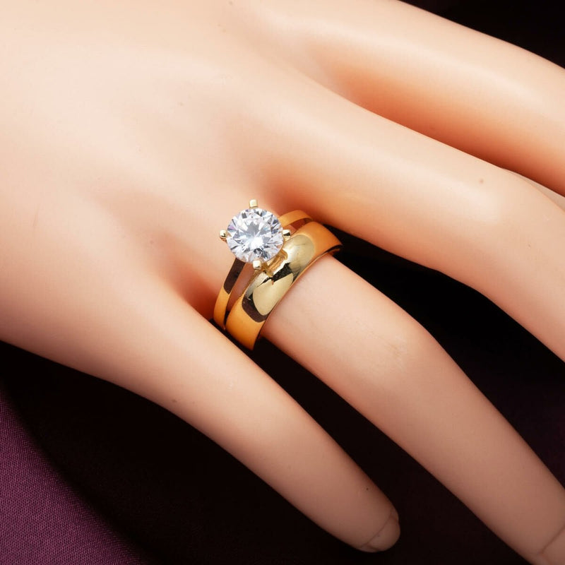 14K Yellow Gold Solitaire And Wedding Band Combined Cubic Zirconia Ring