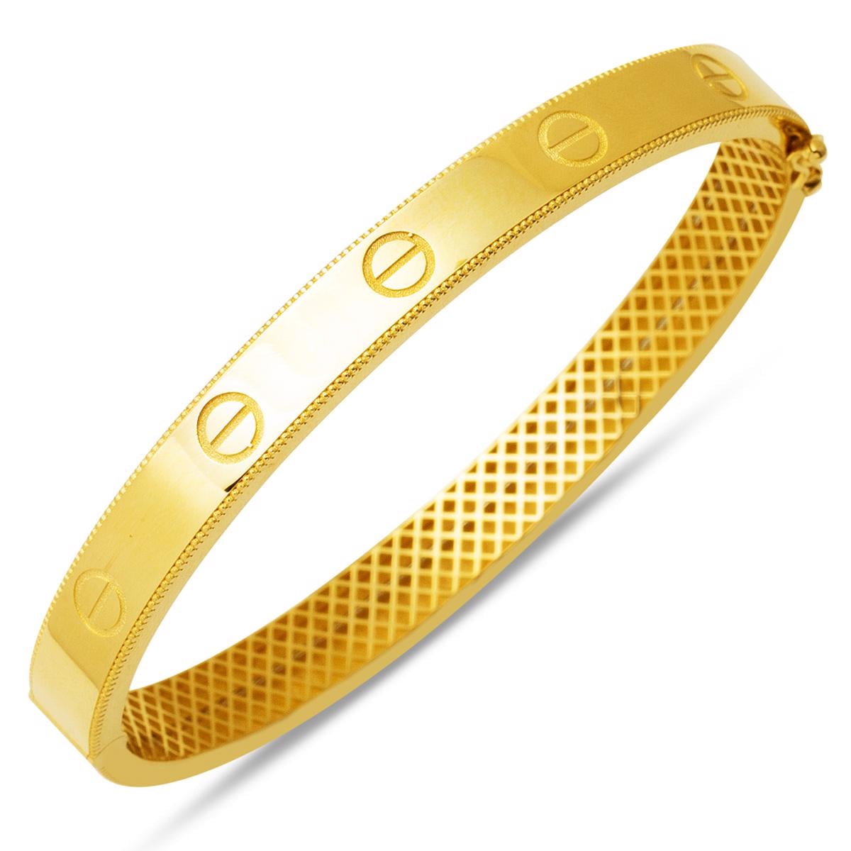 14K Yellow Gold Screw Detail Hinged Cuff Bangle