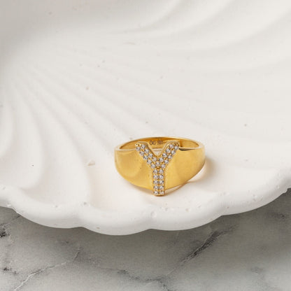 14K Yellow Gold Initial Y Cubic Zirconia Ring