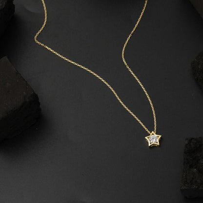 14K Yellow Gold Star Design Single Stone Cubic Zirconia Necklace